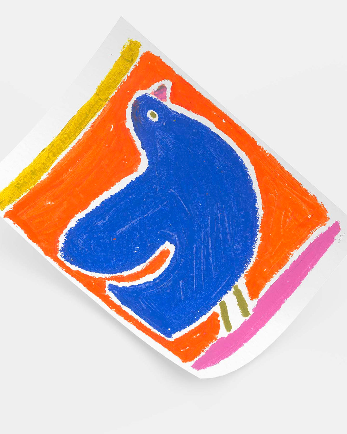 Het werk van Ella "Vogel" op een zwevend blad papier