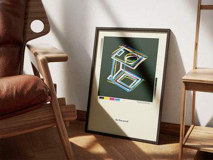 Het werk van thefineproof in een kader op de grond. Het warme licht valt mooi op de kunstprint